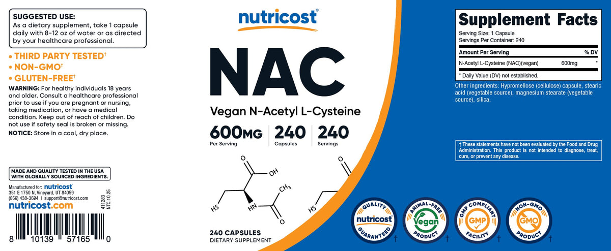 Flacon Nutricost N-Acetyl L-Cysteine avec capsules à côté