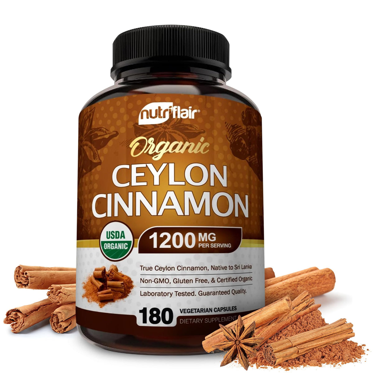 Flacon NutriFlair Ceylon Cinnamon Bio 1200mg avec 180 gélules