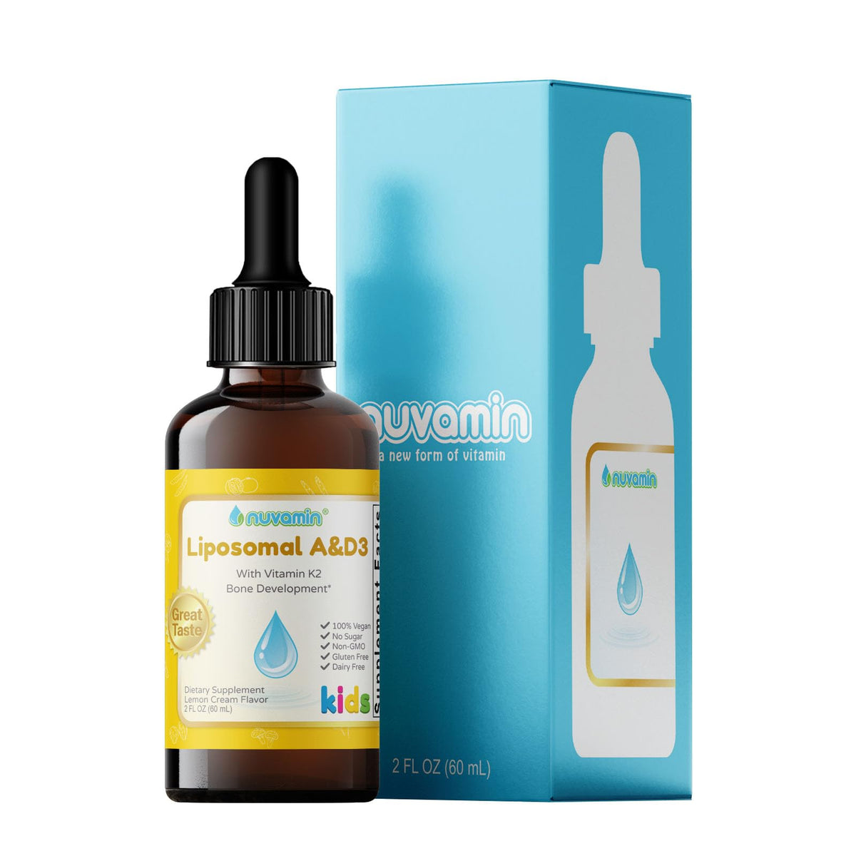 Flacon Nuvamin 60ml de gouttes liquides A et D3, avant vue