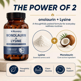 Flacon Nuvary ouvert avec capsules de monolaurine et lysine