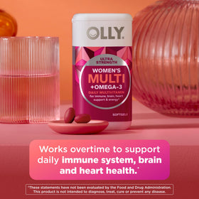 Flacon OLLY Ultra Strength Women's Multi + Omega-3 avec étiquette
