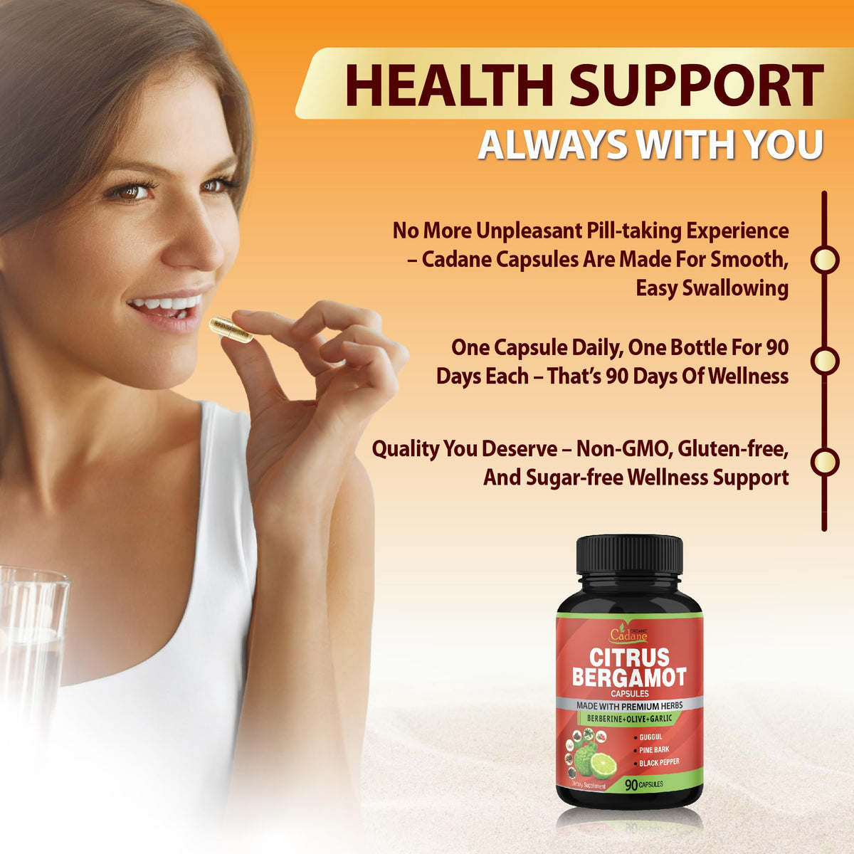 Flacon Organic Cadane Bergamote avec capsules versées