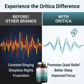 Flacon ORITICA Tinnitus avec des ingrédients naturels en arrière-plan