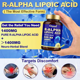Flacon Ossual R-Alpha Lipoïque ouvert avec capsules