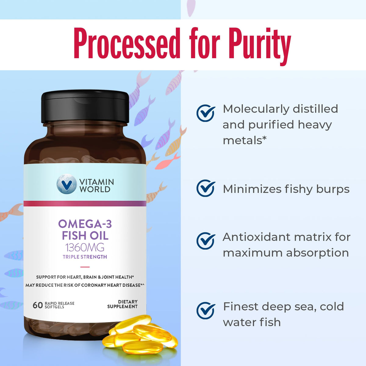 Flacon ouvert avec gélules Omega 3 Vitamin World