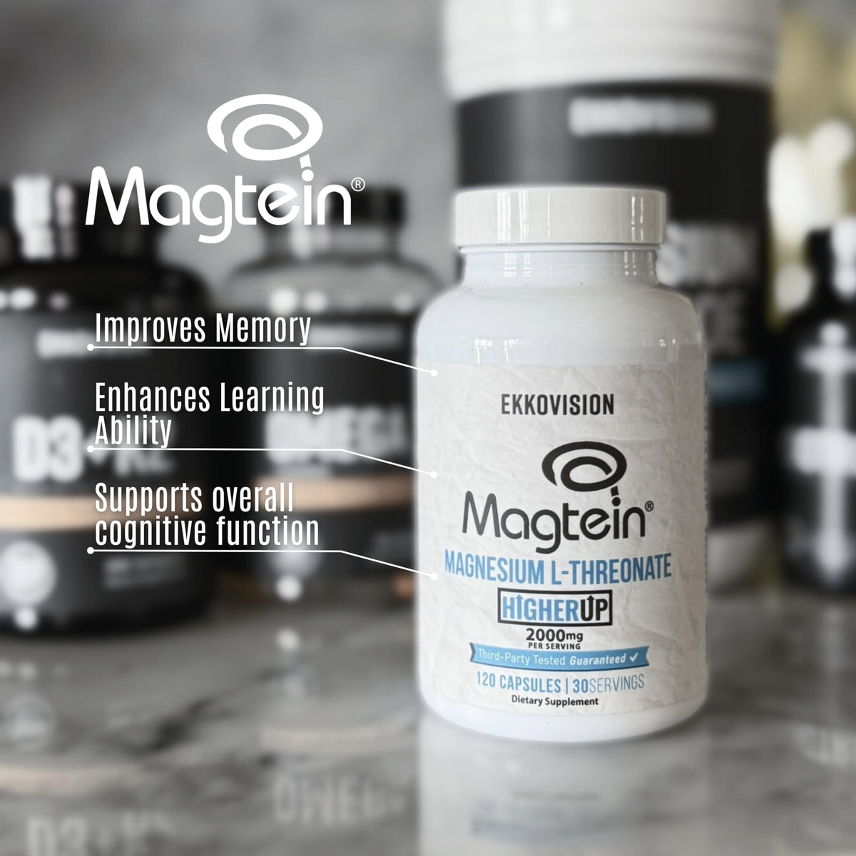 Flacon ouvert d'Ekkovision Magtein montrant les gélules à l'intérieur
