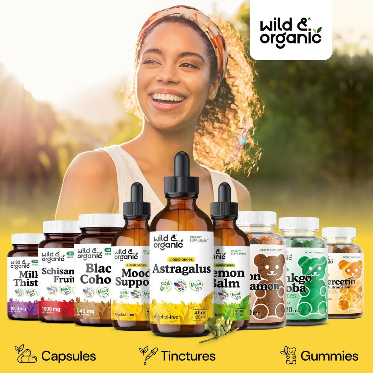 Flacon ouvert d'extrait de racine d'astragale Wild & Organic