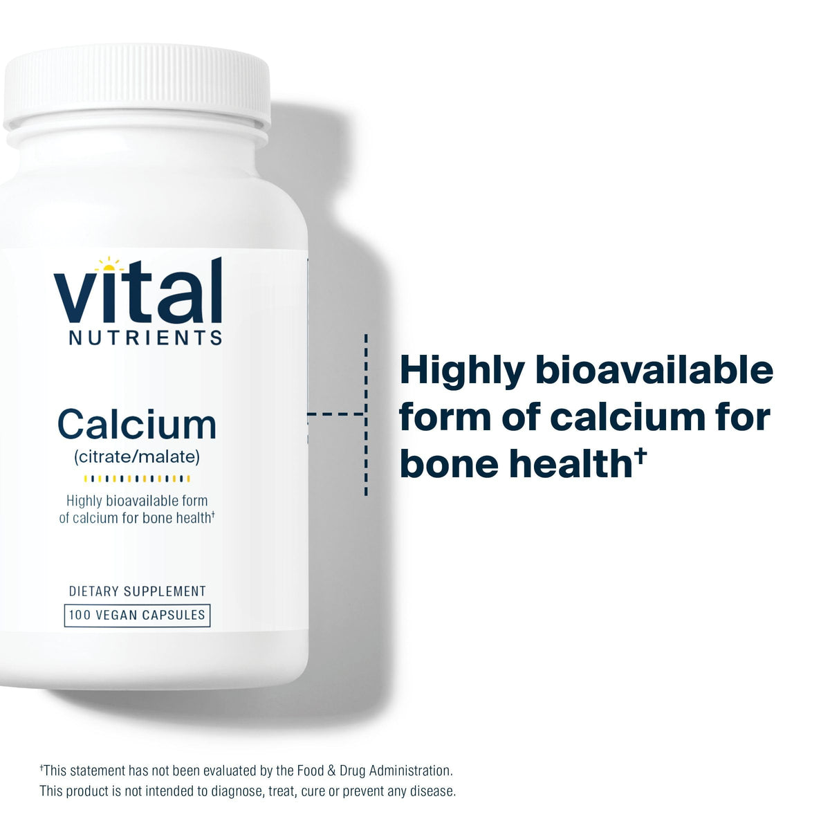 Flacon ouvert de Calcium Citrate/Malate Vital Nutrients avec capsules visibles