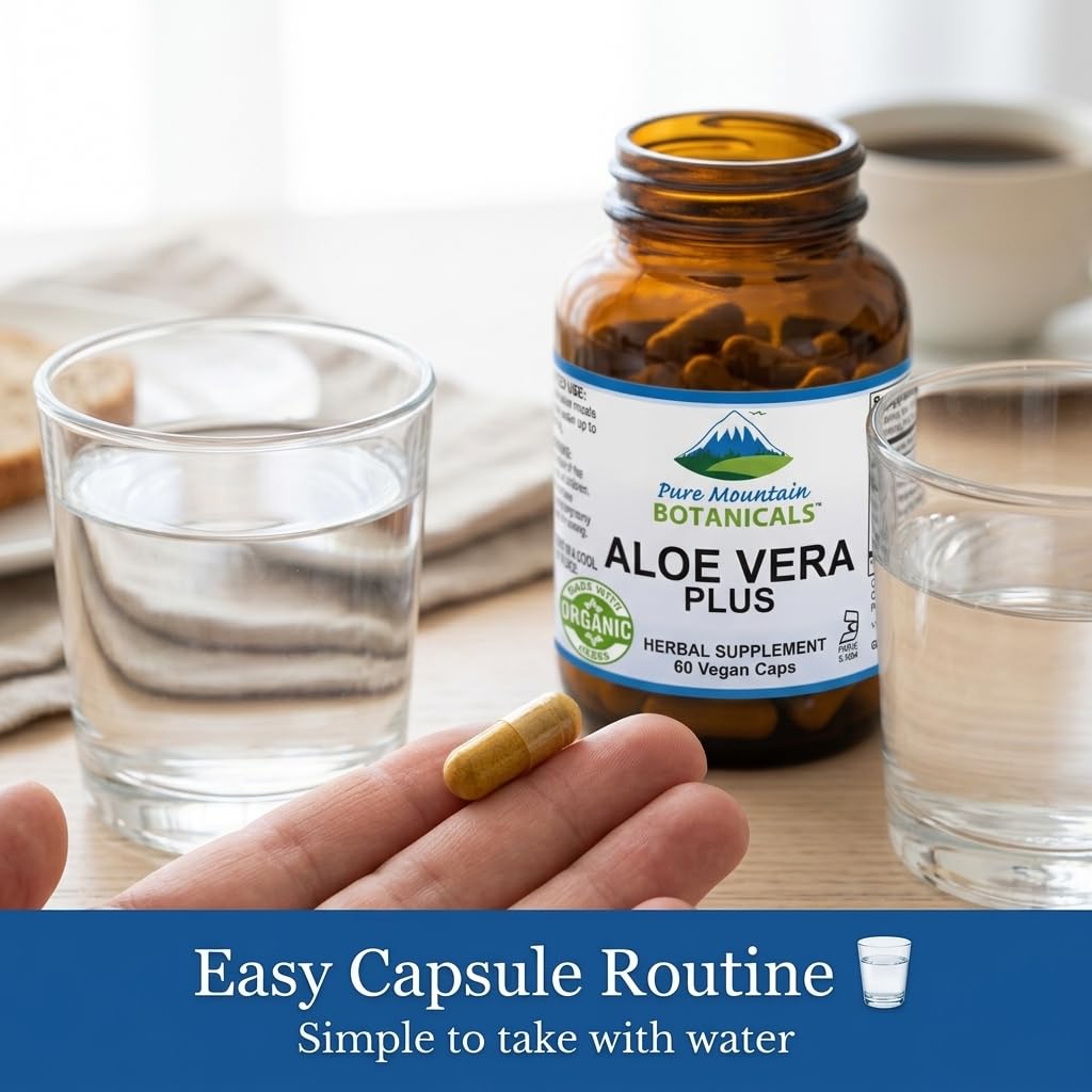 Flacon ouvert de capsules d'Aloe Vera avec capsules visibles