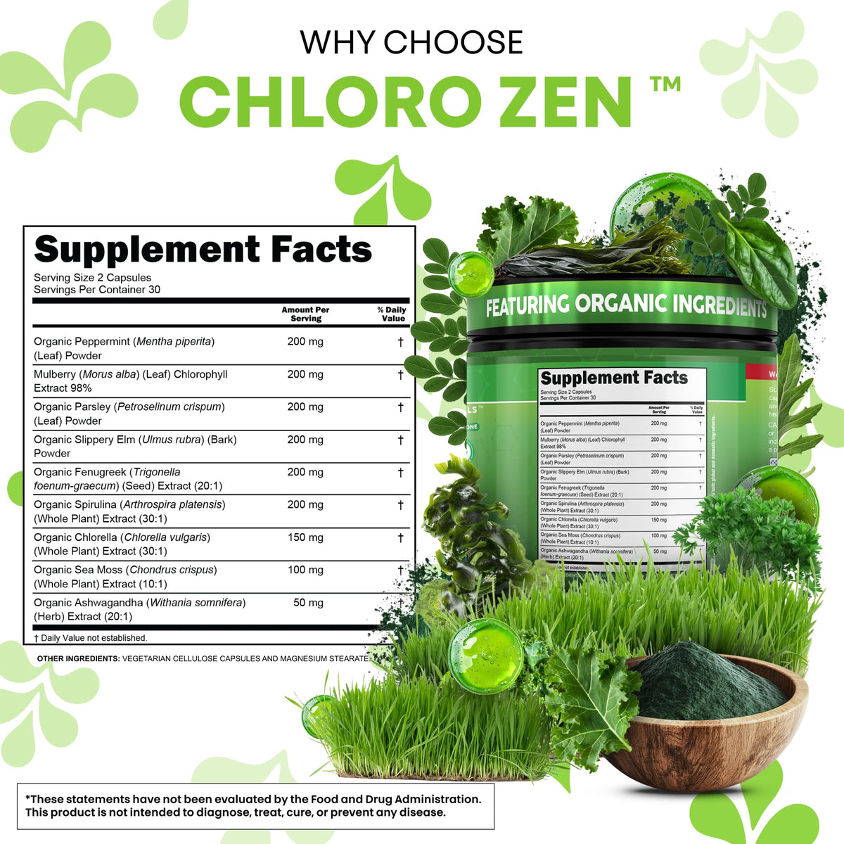 Flacon ouvert de capsules de chlorophylle Clean Nutraceuticals
