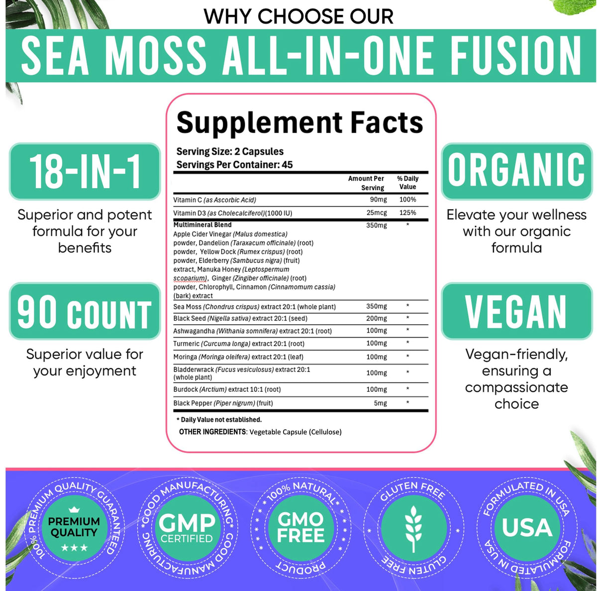Flacon ouvert de capsules de mousse de mer Adndale avec gélules visibles
