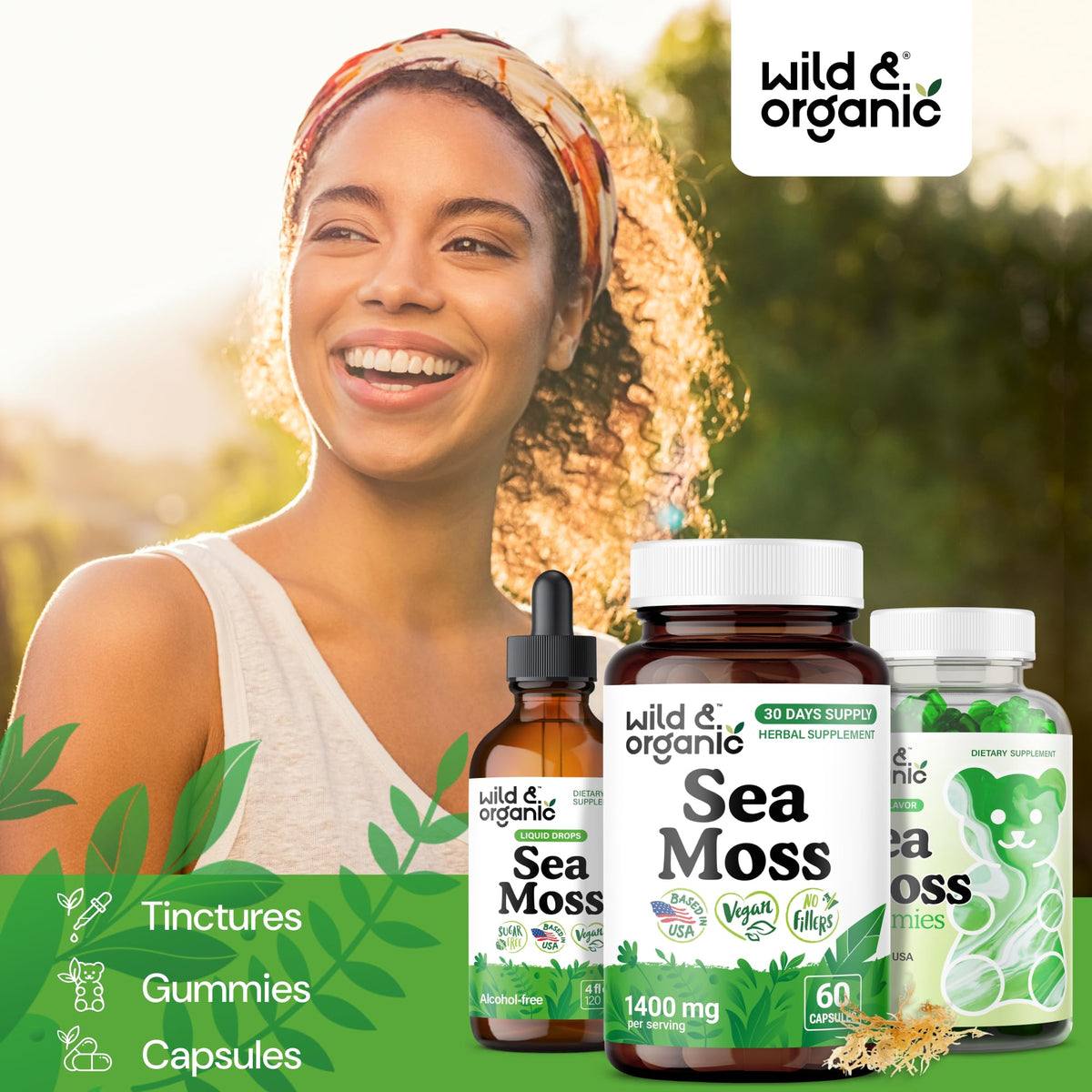 Flacon ouvert de capsules de mousse de mer Wild & Organic