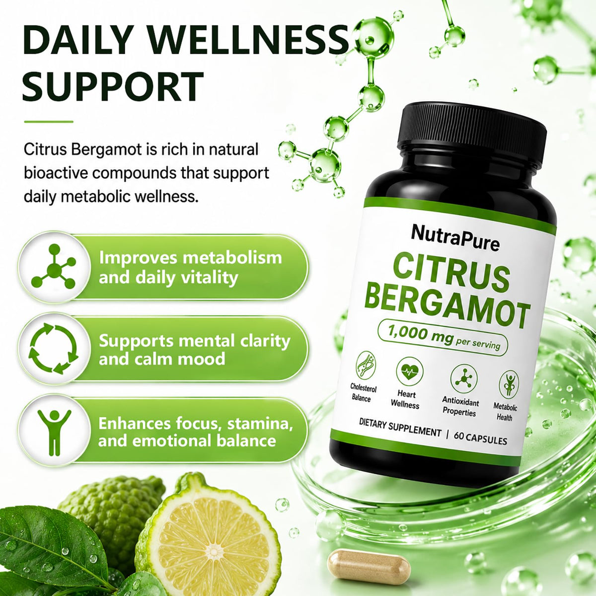 Flacon ouvert de capsules Halpilt de Bergamote Citronnée, capsules visibles