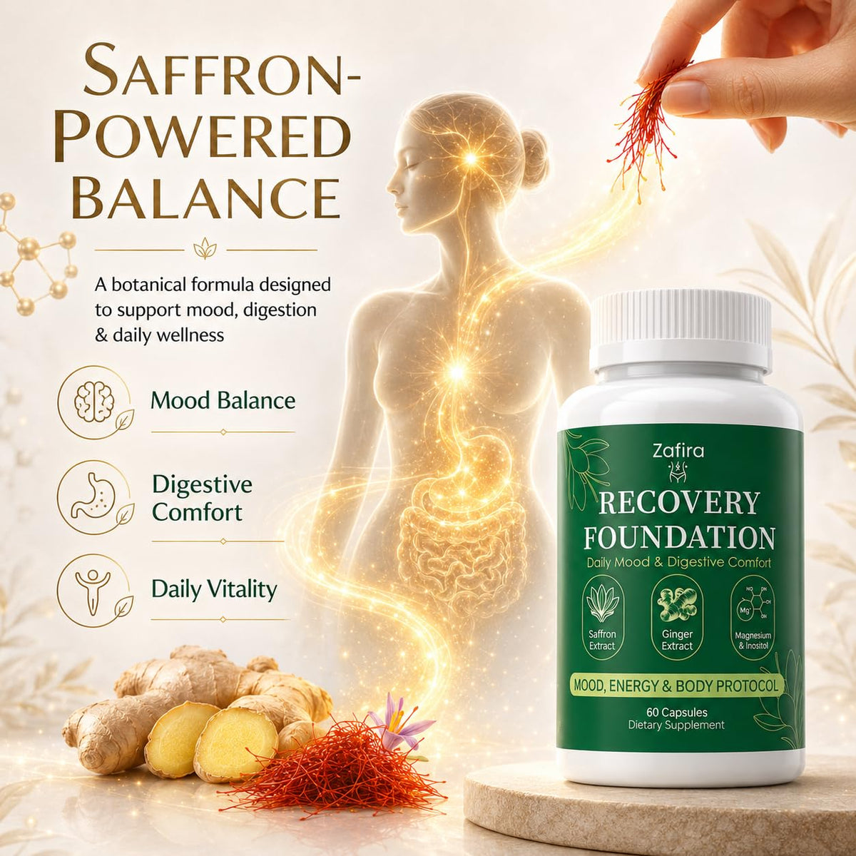 Flacon ouvert de capsules Zafira Organics de VSRSUKE