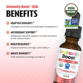 Flacon ouvert de Dr. Green Mom Complément Alimentaire Enfants montrant le liquide