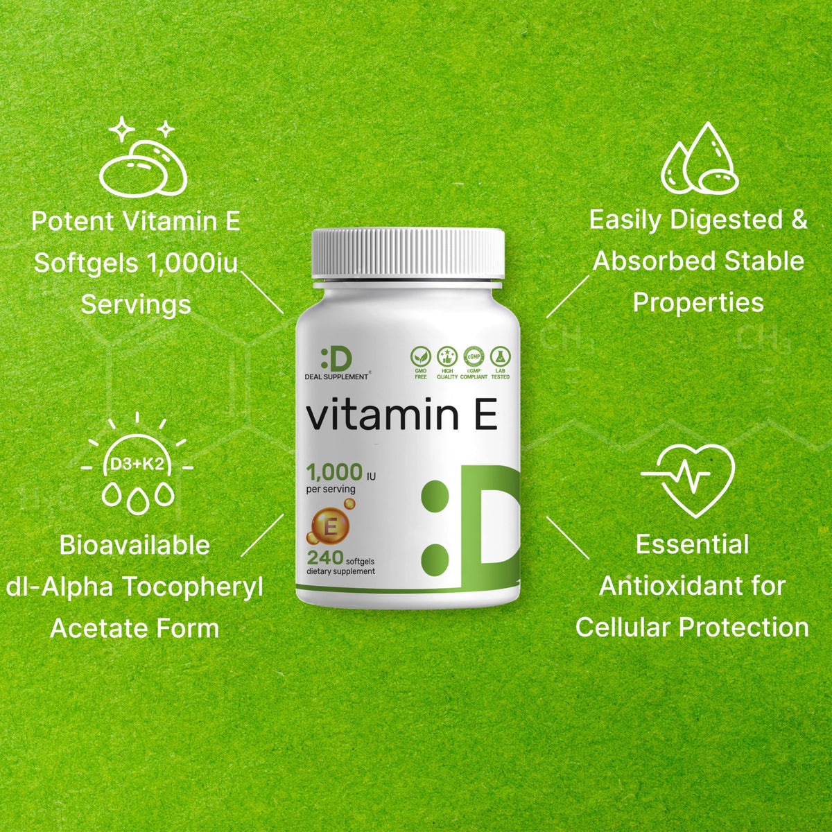 Flacon ouvert de gélules molles de vitamine E DEAL SUPPLEMENT