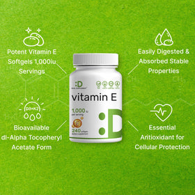Flacon ouvert de gélules molles de vitamine E DEAL SUPPLEMENT