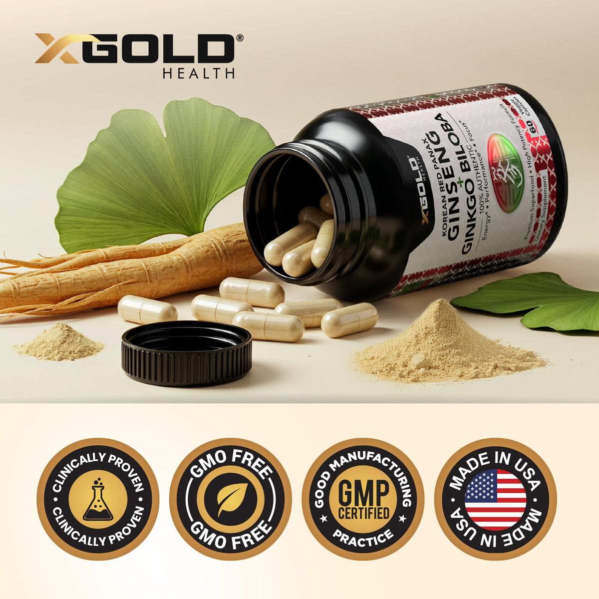 Flacon ouvert de ginseng rouge coréen et ginkgo biloba avec capsules visibles