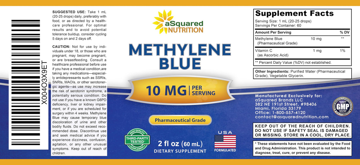 Flacon ouvert de gouttes de bleu de méthylène aSquared Nutrition