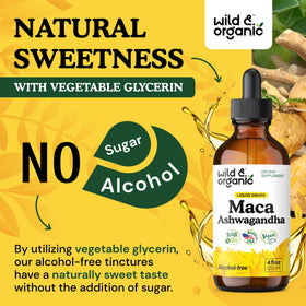 Flacon ouvert de gouttes de Maca et Ashwagandha Wild & Organic