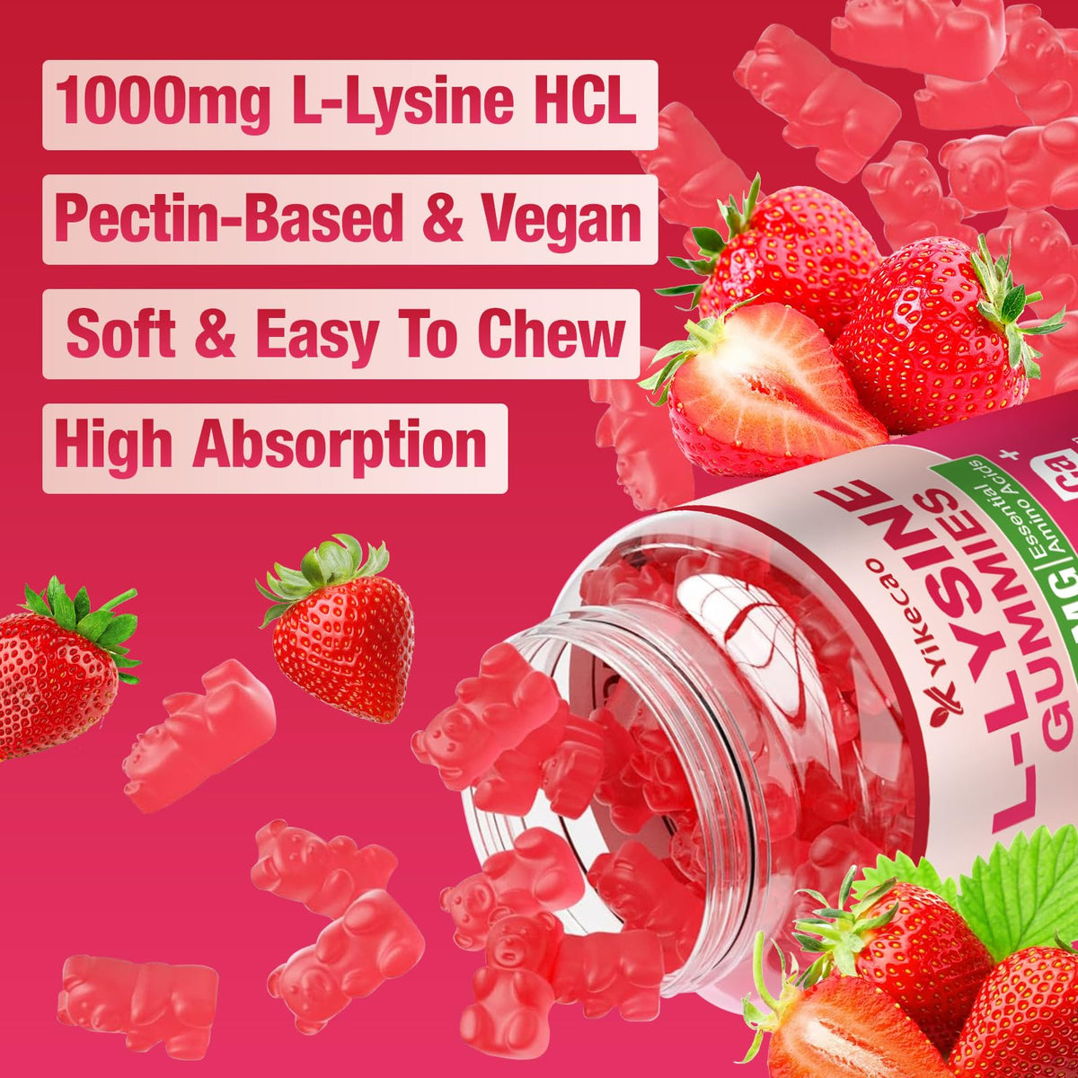 Flacon ouvert de gummies L-Lysine 1000mg Yikecao