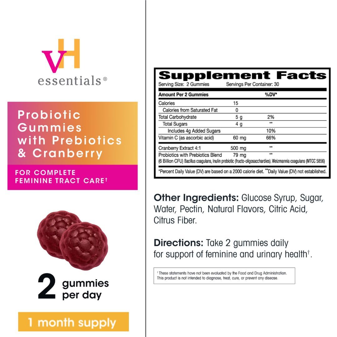 Flacon ouvert de gummies vH essentials montrant les gummies
