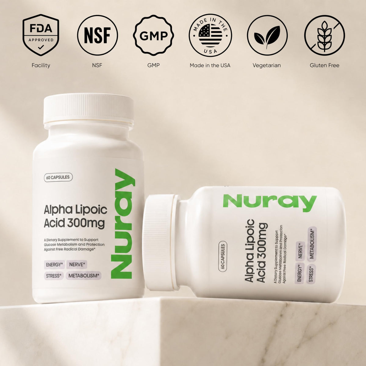 Flacon ouvert de Nuray Acide Alpha Lipoïque avec capsules visibles