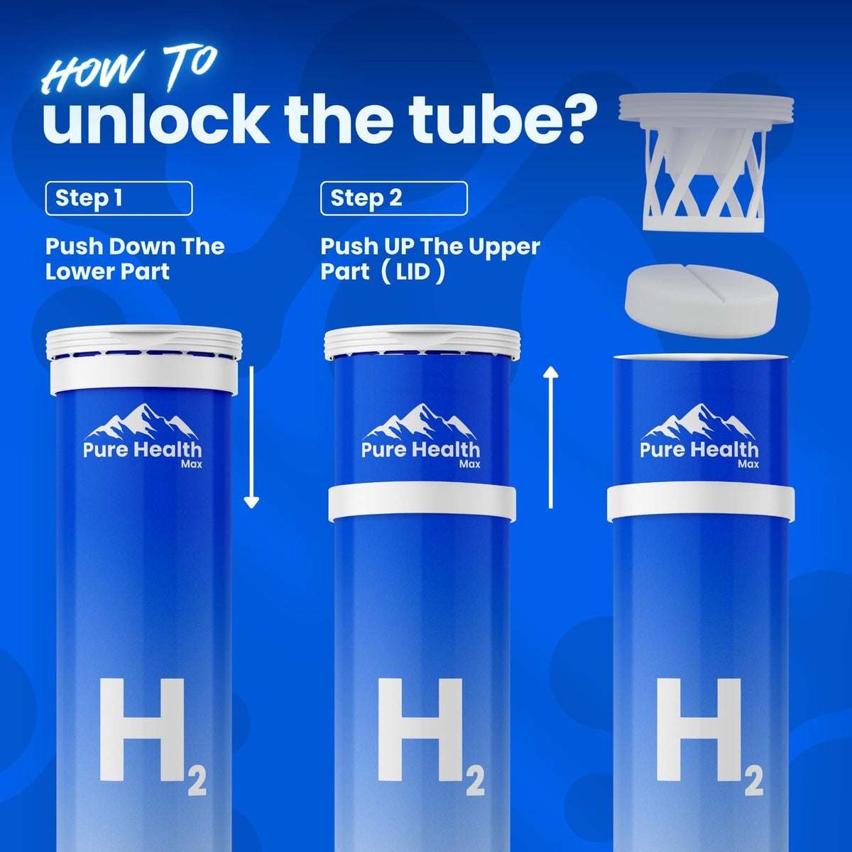 Flacon ouvert de Tubes d'Eau Hydrogène avec comprimés visibles