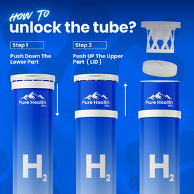Flacon ouvert de Tubes d'Eau Hydrogène avec comprimés visibles