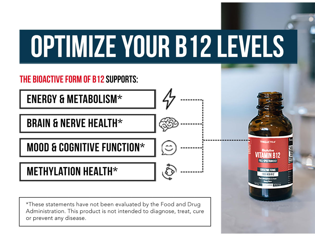 Flacon ouvert de Vitamine B12 BioActive avec gouttes visibles