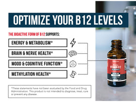 Flacon ouvert de Vitamine B12 BioActive avec gouttes visibles