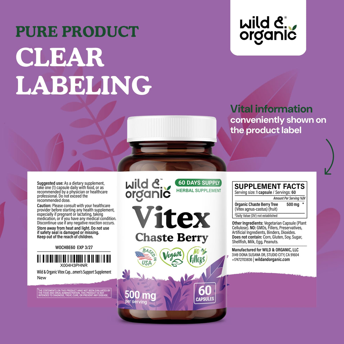 Flacon ouvert de Vitex Wild & Organic montrant des capsules