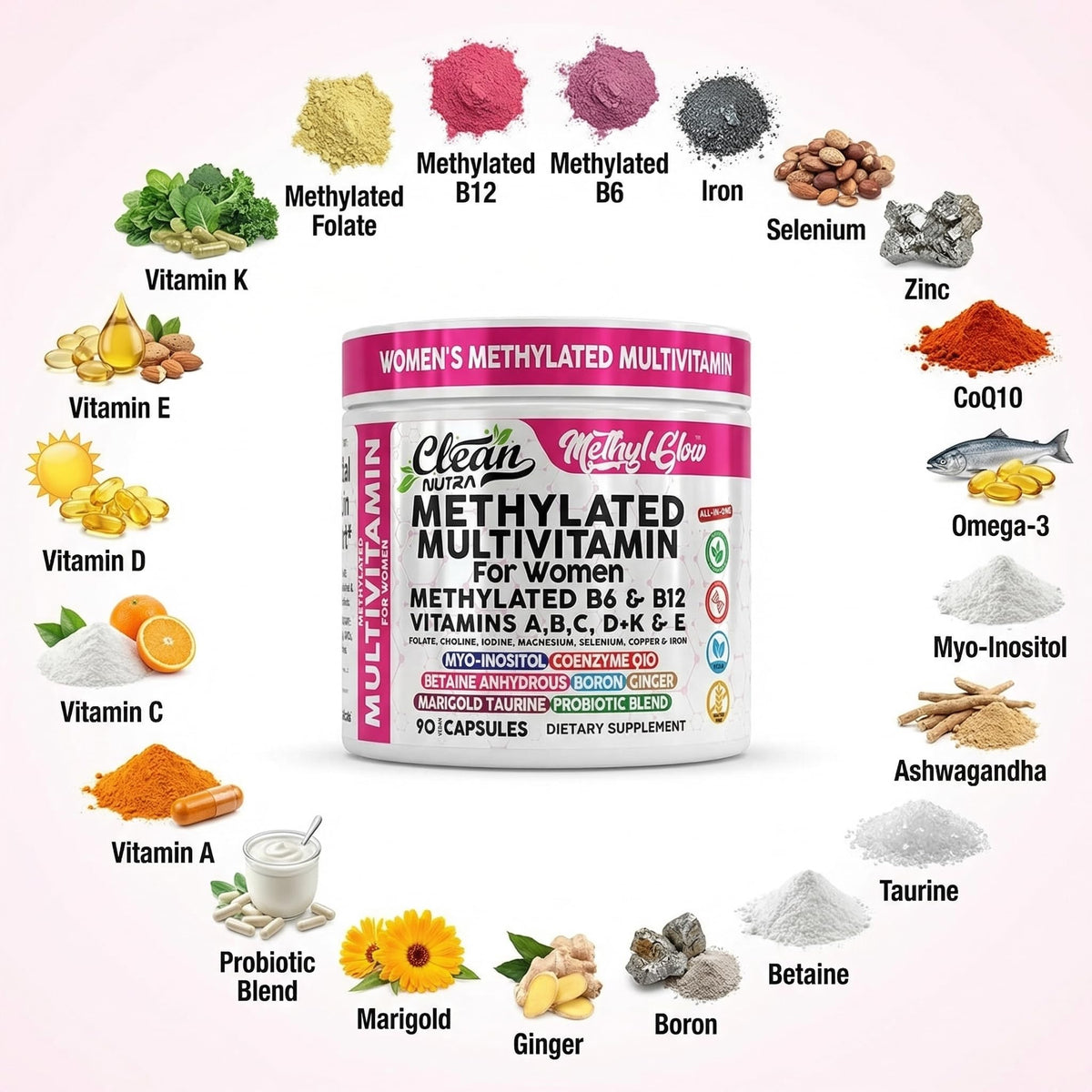Flacon ouvert montrant les capsules de multivitamines methylées