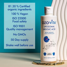 Flacon OZOVITA Acide Ursolique 300mg 250ml sur fond blanc