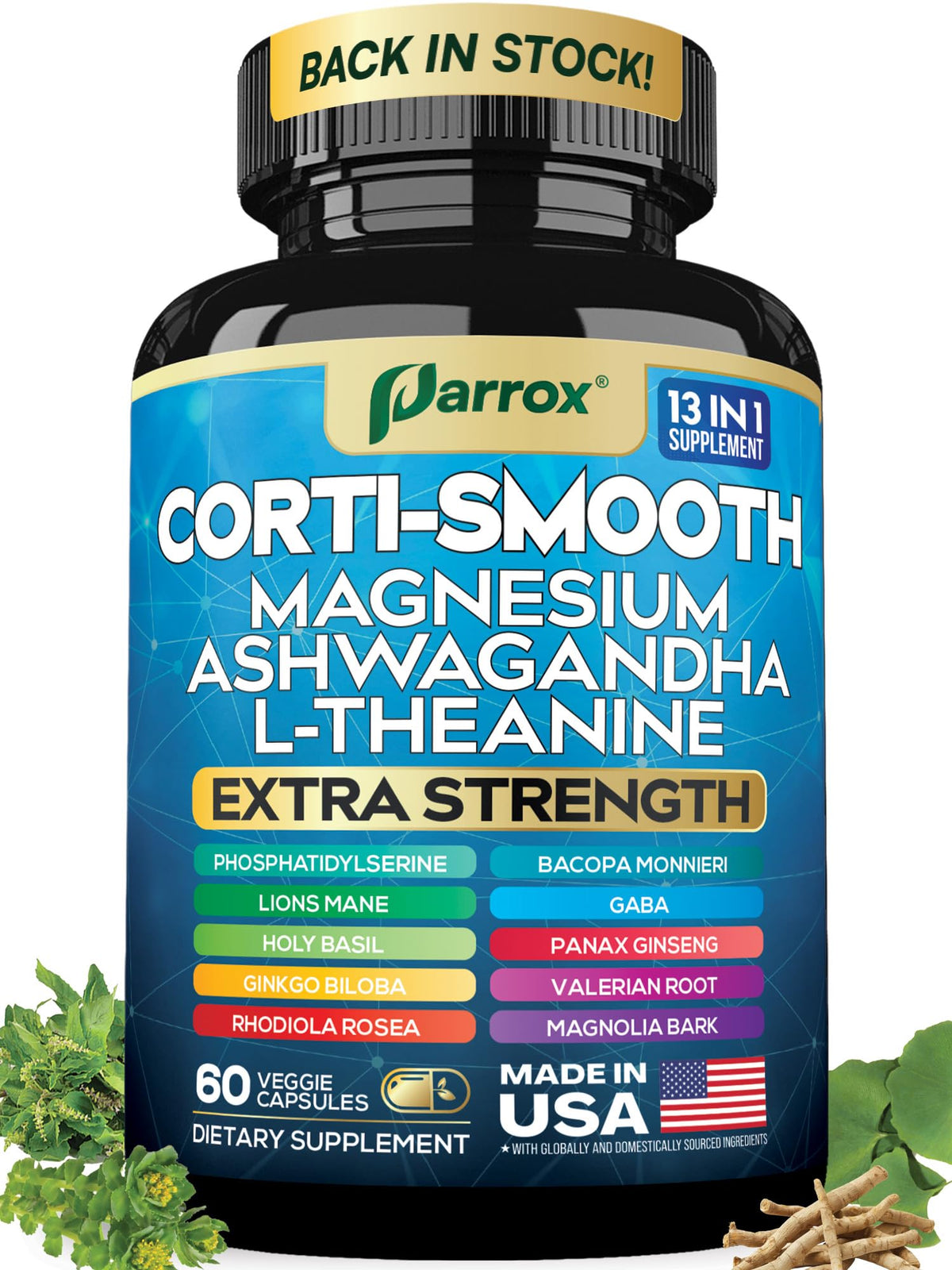 Flacon Parrox Corti-Smooth avec 60 capsules de magnésium et ashwagandha