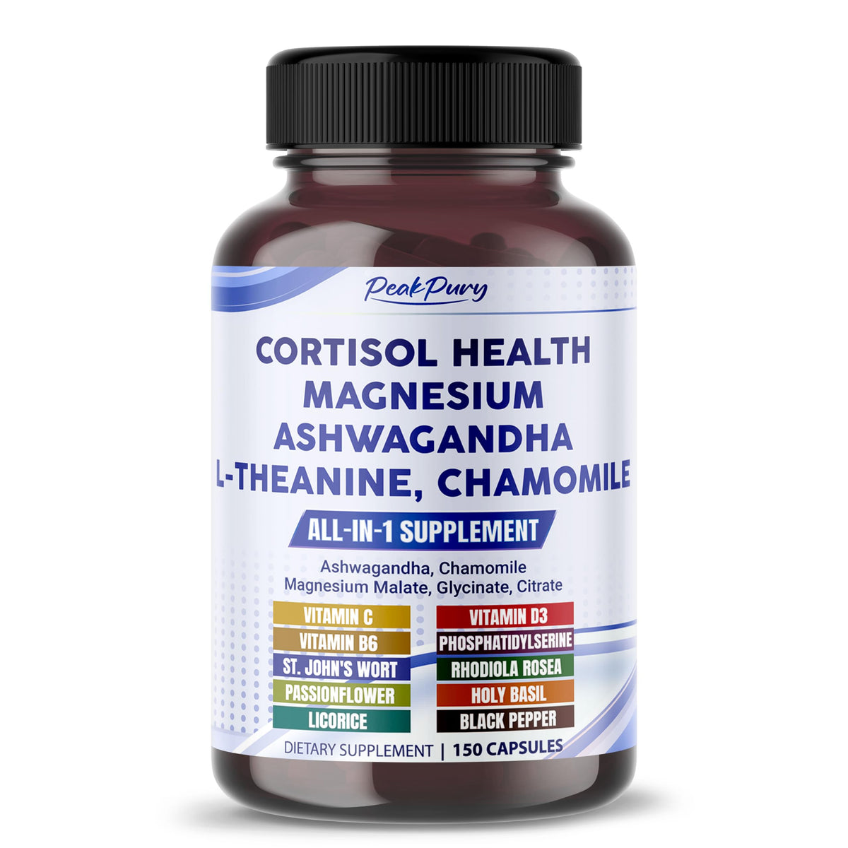 Flacon PEAKPURY Compléments Cortisol 150 capsules vue avant