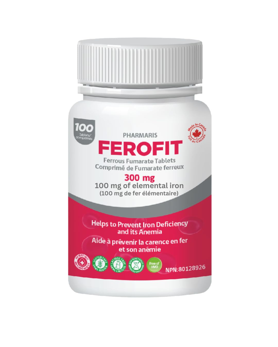 Flacon Pharmaris Ferofit contenant 100 comprimés de fer