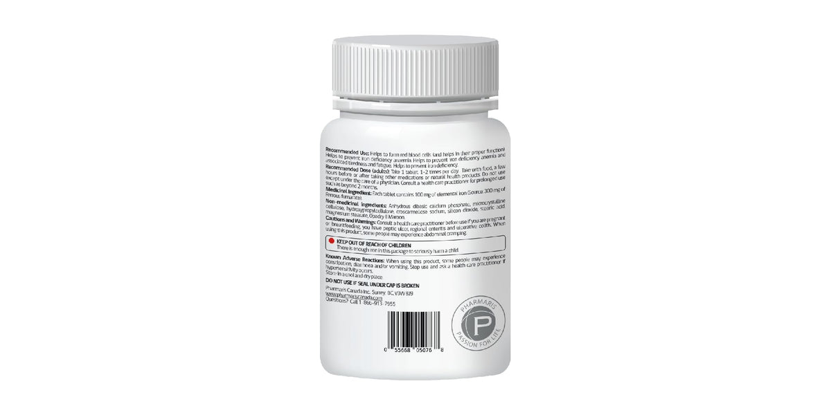 Flacon Pharmaris Ferofit ouvert avec un comprimé à côté