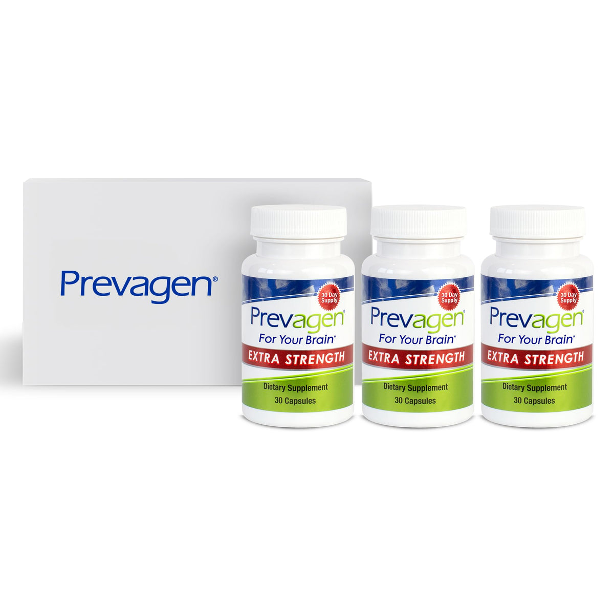 Flacon Prevagen Force Supérieure avec 30 capsules devant un fond clair