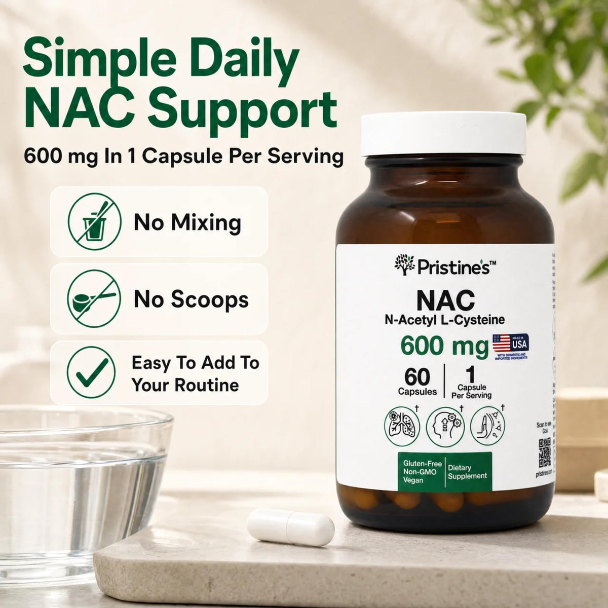 Flacon PRISTINE'S NAC 600mg avec étiquette visible