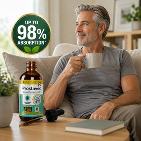 Flacon Prostavec 60 ml avec ingrédients en arrière-plan