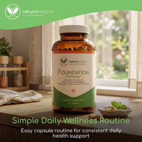 Flacon Return Healthy Foundation Formula ouvert avec capsules