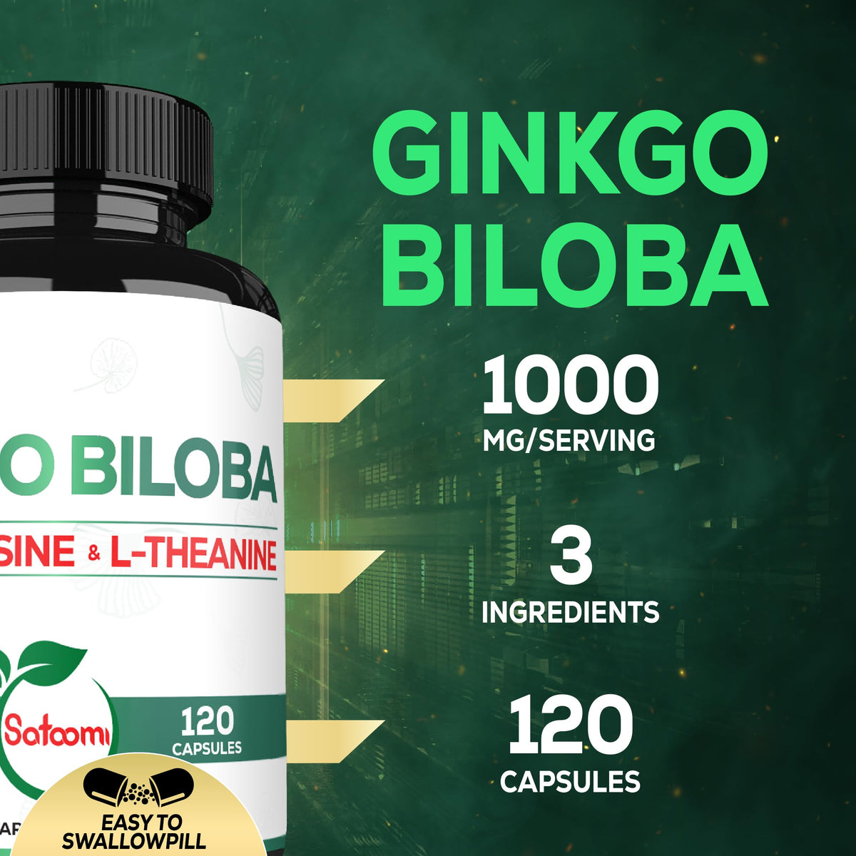 Flacon Satoomi de Ginkgo Biloba avec étiquette vue de côté