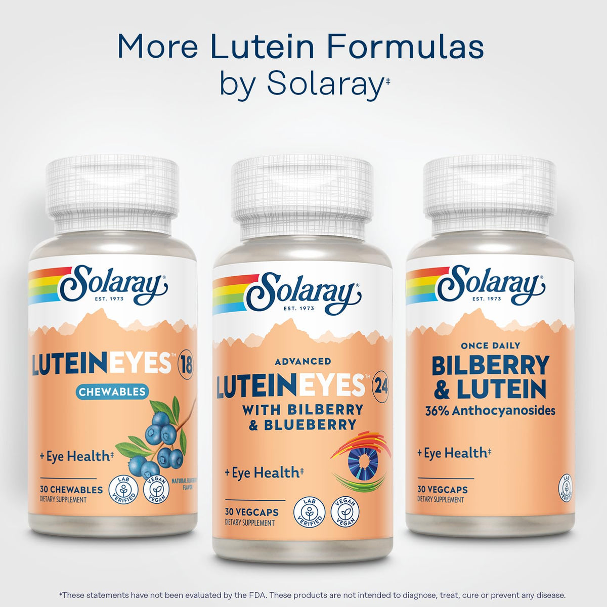 Flacon SOLARAY Advanced Lutein 24 mg à côté d'un verre d'eau