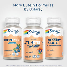 Flacon SOLARAY Advanced Lutein 24 mg à côté d'un verre d'eau