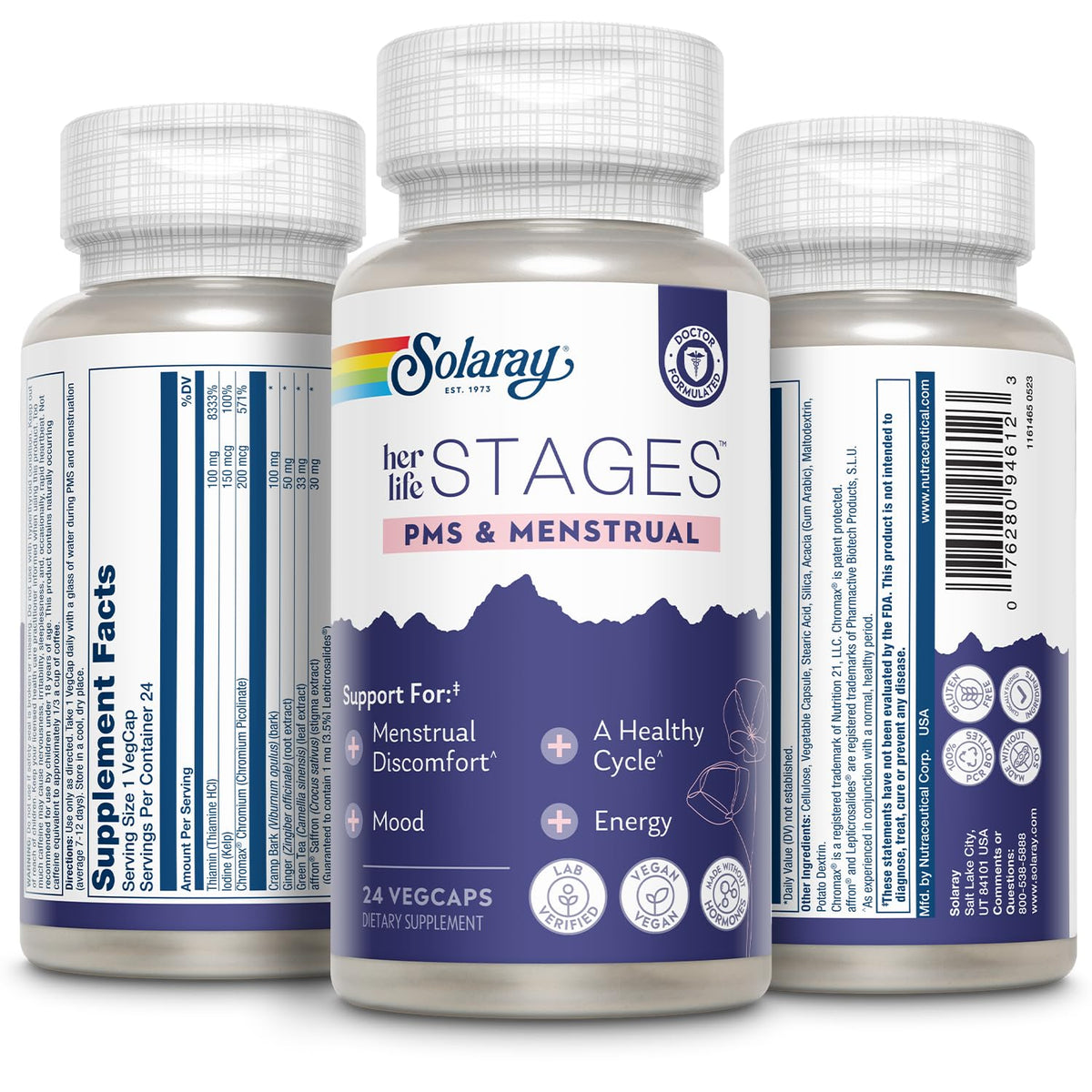 Flacon SOLARAY PMS & Menstruel sur une table en bois