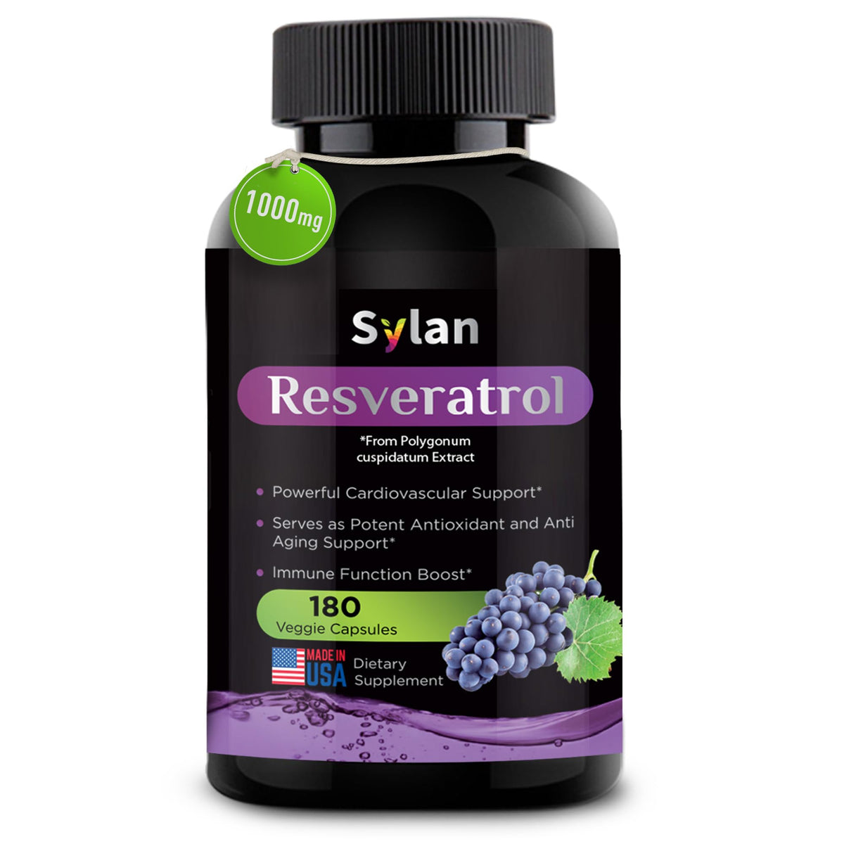 Flacon SYLAN de 180 capsules végétales de resvératrol 1000mg vue de face