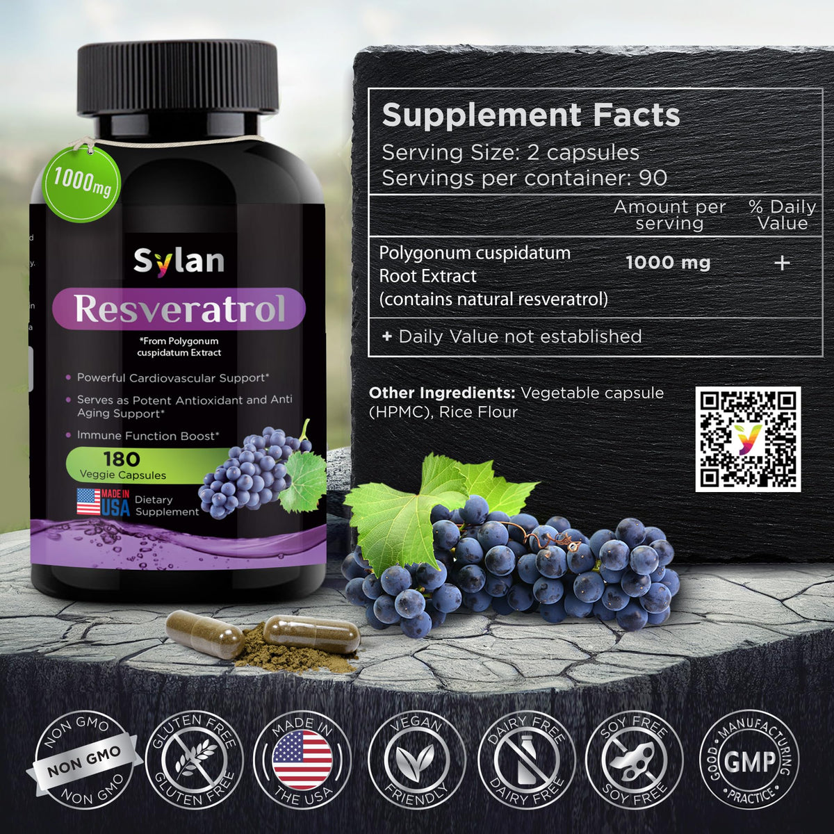 Flacon SYLAN de resvératrol 1000mg avec étiquette visible