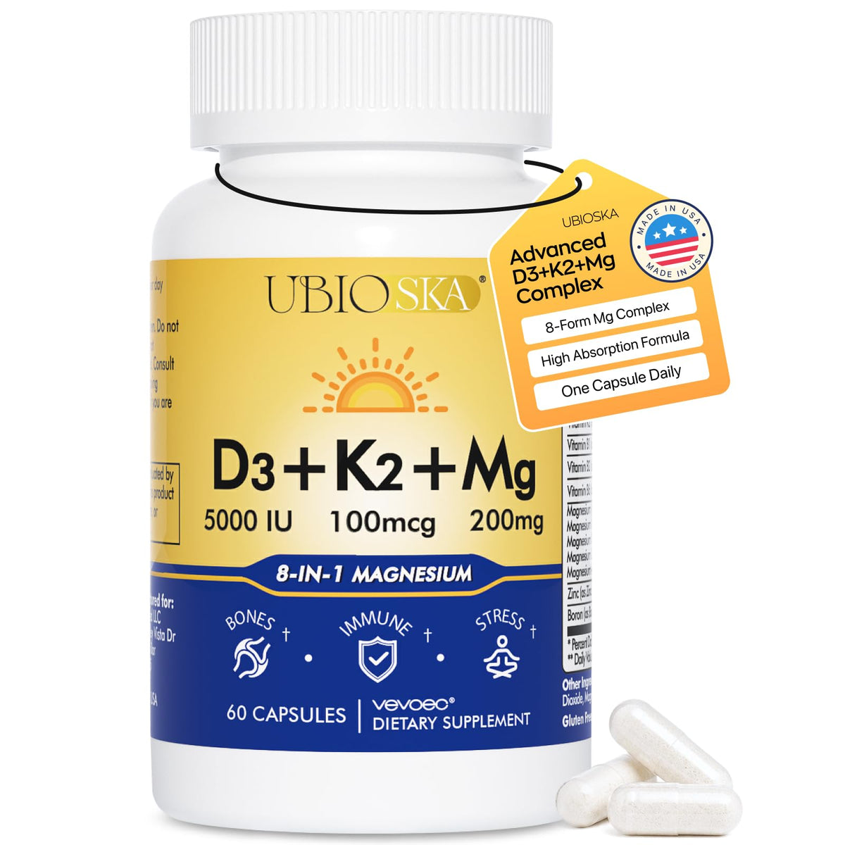 Flacon UBIOSKA Vitamine D3 K2 5000 IU 200mg vue de face