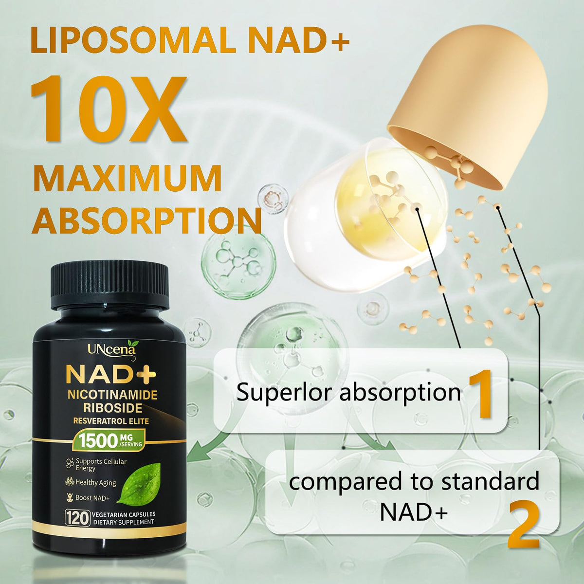 Flacon UNcena NAD+ 1500mg sur une table en bois
